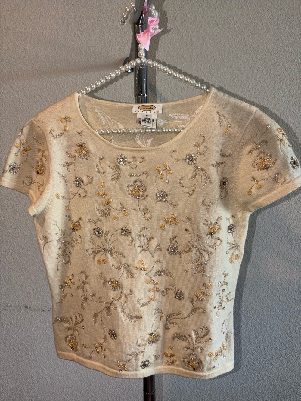 Talbots Petites Merino Wool Ivory Floral Beaded Short Sleeve Sweater